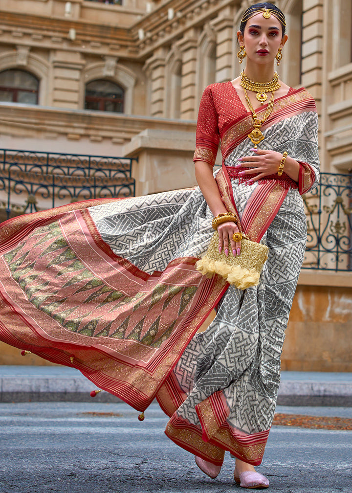 Grey & Red Patola Printed Viscose Silk Saree