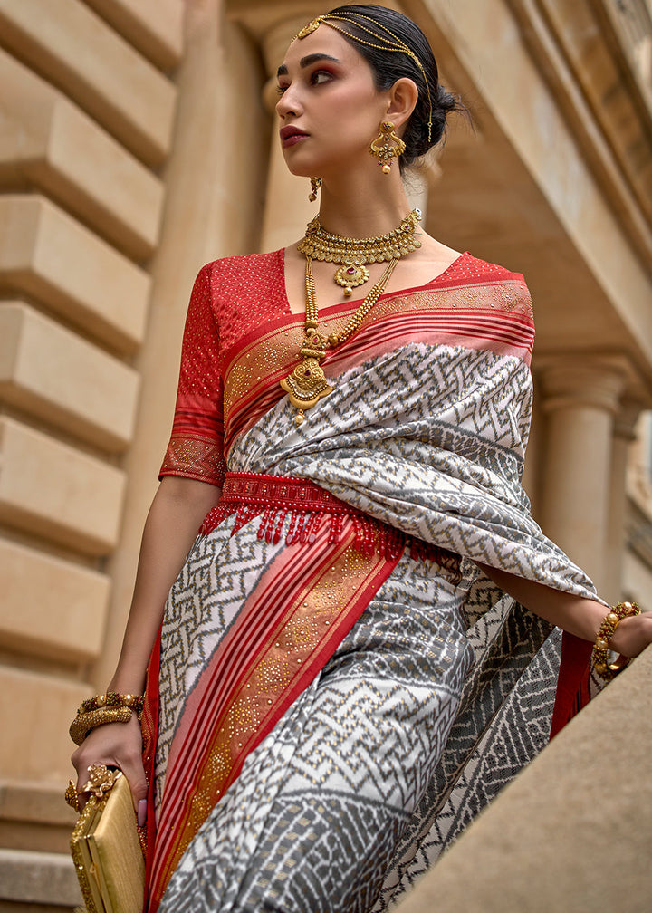 Grey & Red Patola Printed Viscose Silk Saree