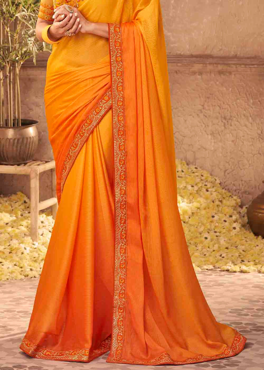 Shades Of Orange Designer Embroidered Satin Silk Saree with Sequence work