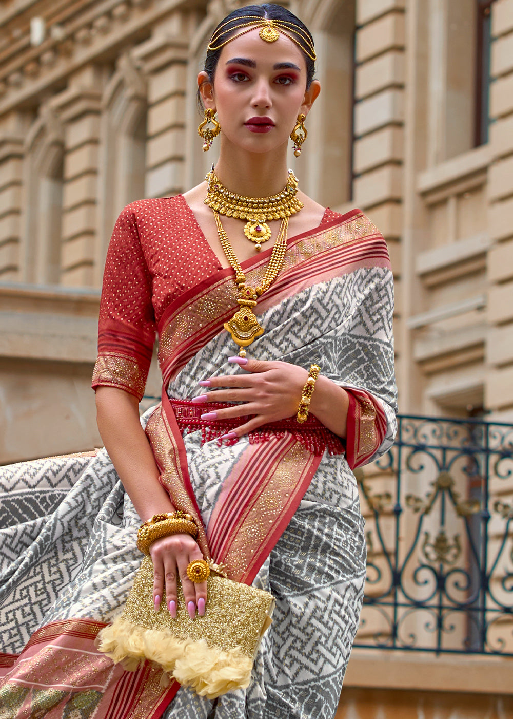 Grey & Red Patola Printed Viscose Silk Saree