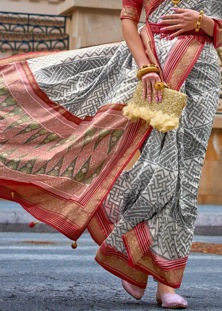 Grey & Red Patola Printed Viscose Silk Saree