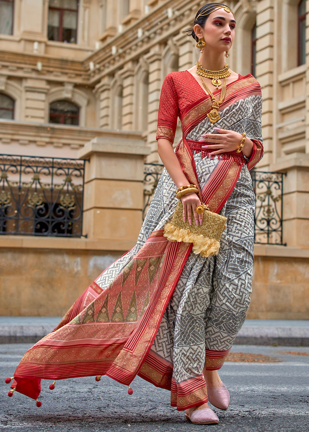 Grey & Red Patola Printed Viscose Silk Saree