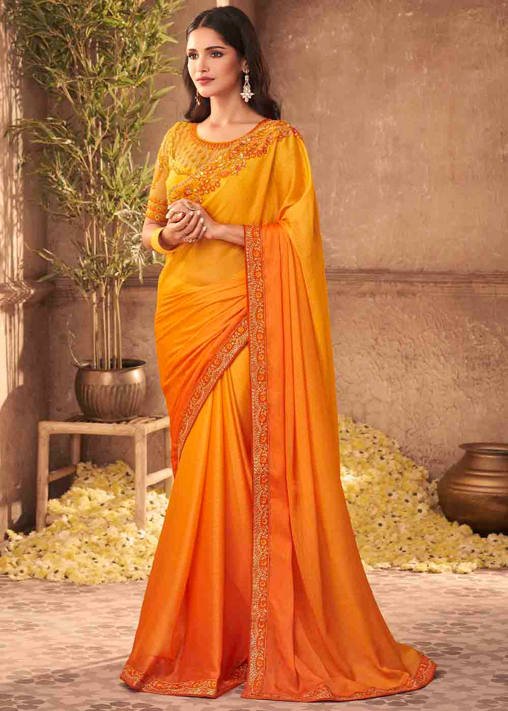 Shades Of Orange Designer Embroidered Satin Silk Saree with Sequence work