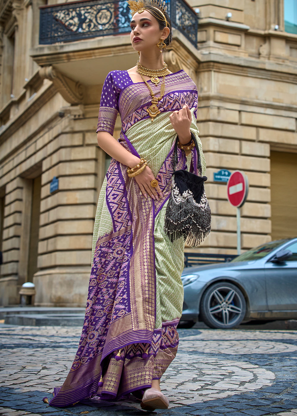 Blue & Green Patola Printed Viscose Silk Saree