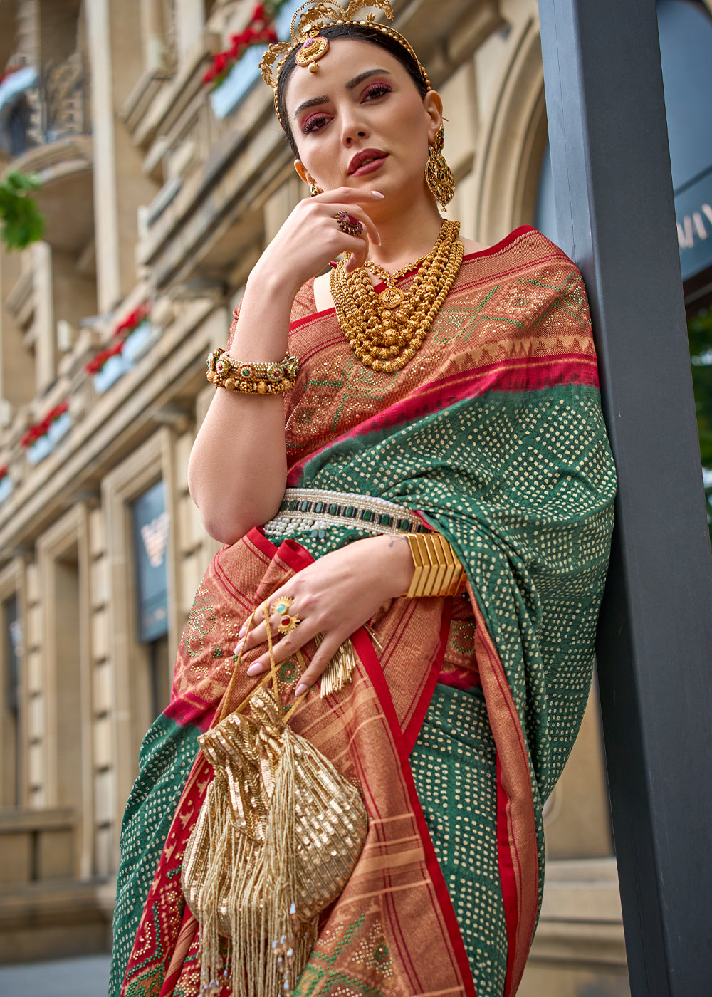 Dark Green Patola Printed Viscose Silk Saree