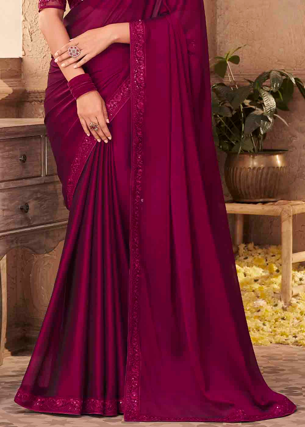 Jam Purple Designer Embroidered Satin Silk Saree with Sequence work