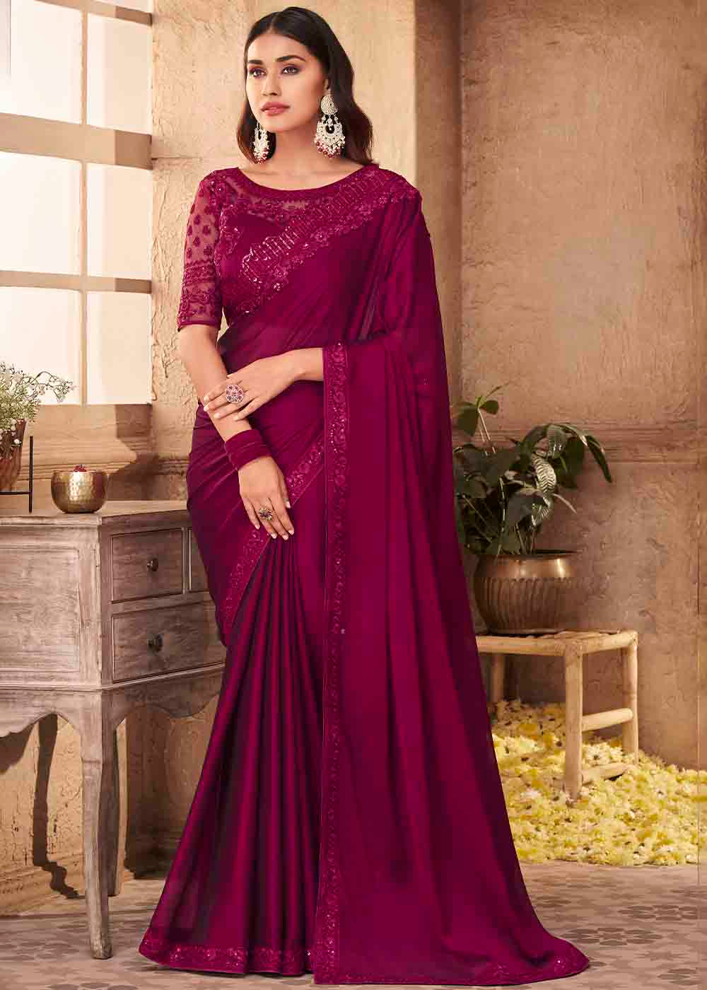 Jam Purple Designer Embroidered Satin Silk Saree with Sequence work