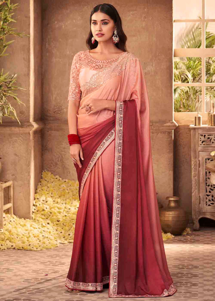 Shades Of Pink Designer Embroidered Satin Silk Saree with Sequence work