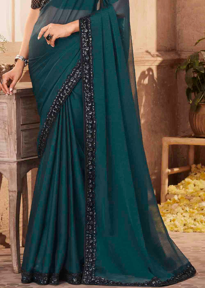 Prussian Blue Designer Embroidered Satin Silk Saree with Sequence work