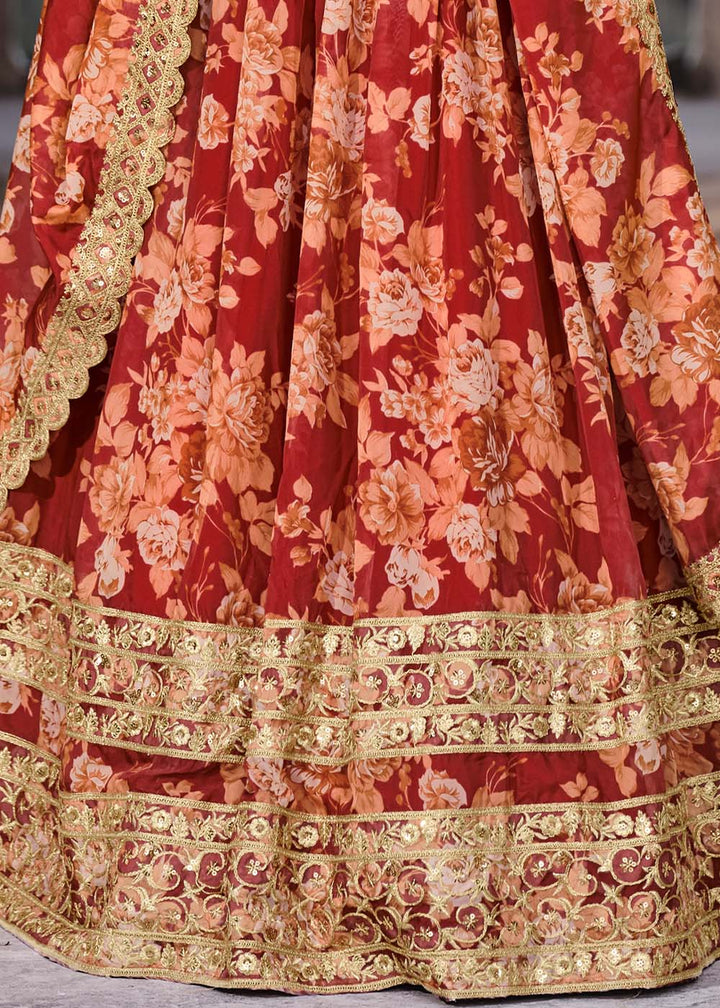 Carmine Red Floral Printed Organza Lehenga with Zari, Dori & Sequins Work