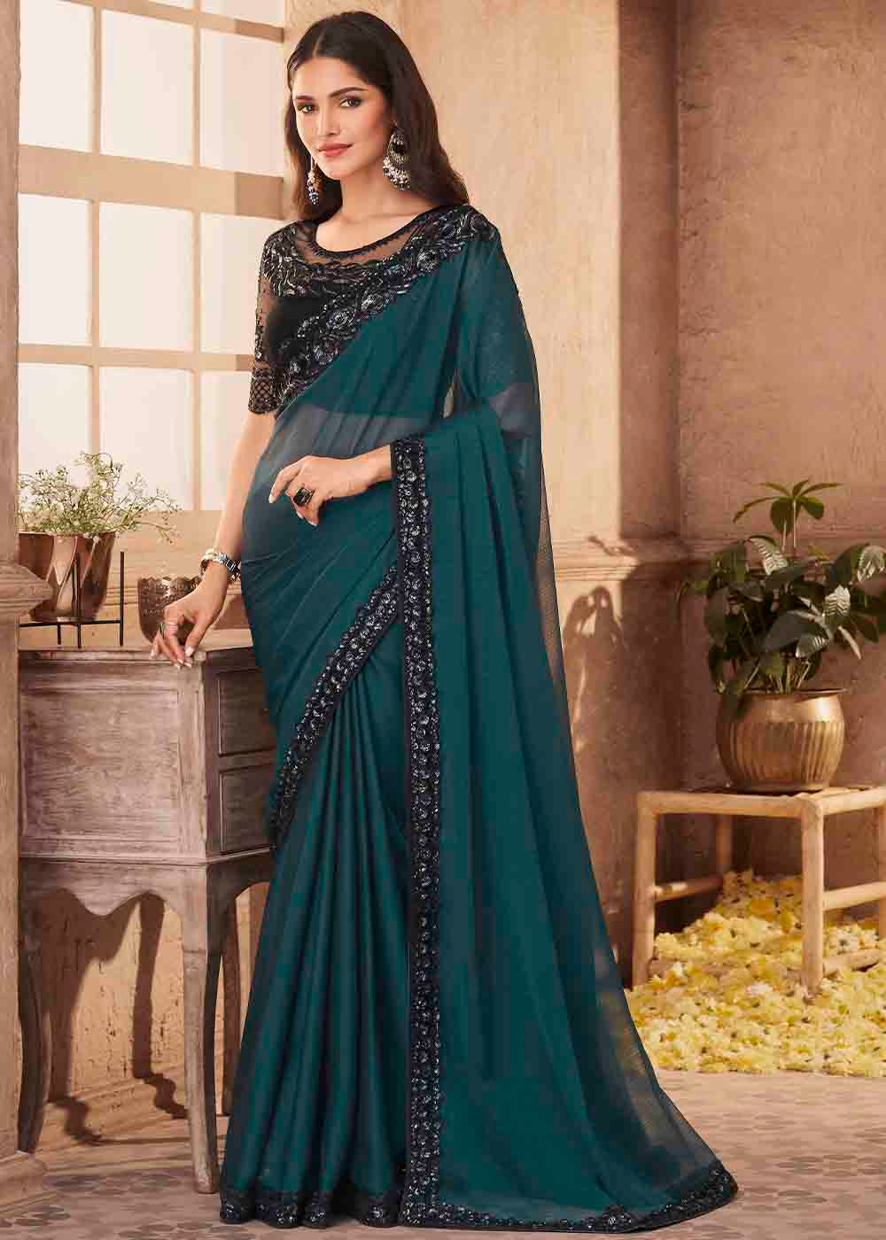 Prussian Blue Designer Embroidered Satin Silk Saree with Sequence work