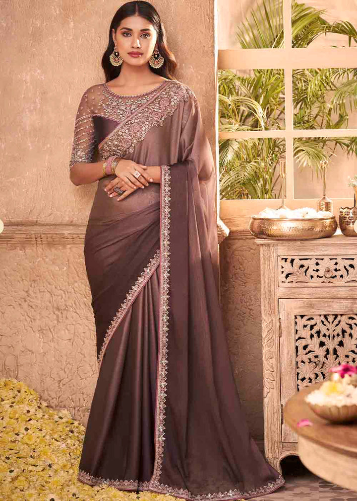 Shades Of Purple Designer Embroidered Satin Silk Saree with Sequence work