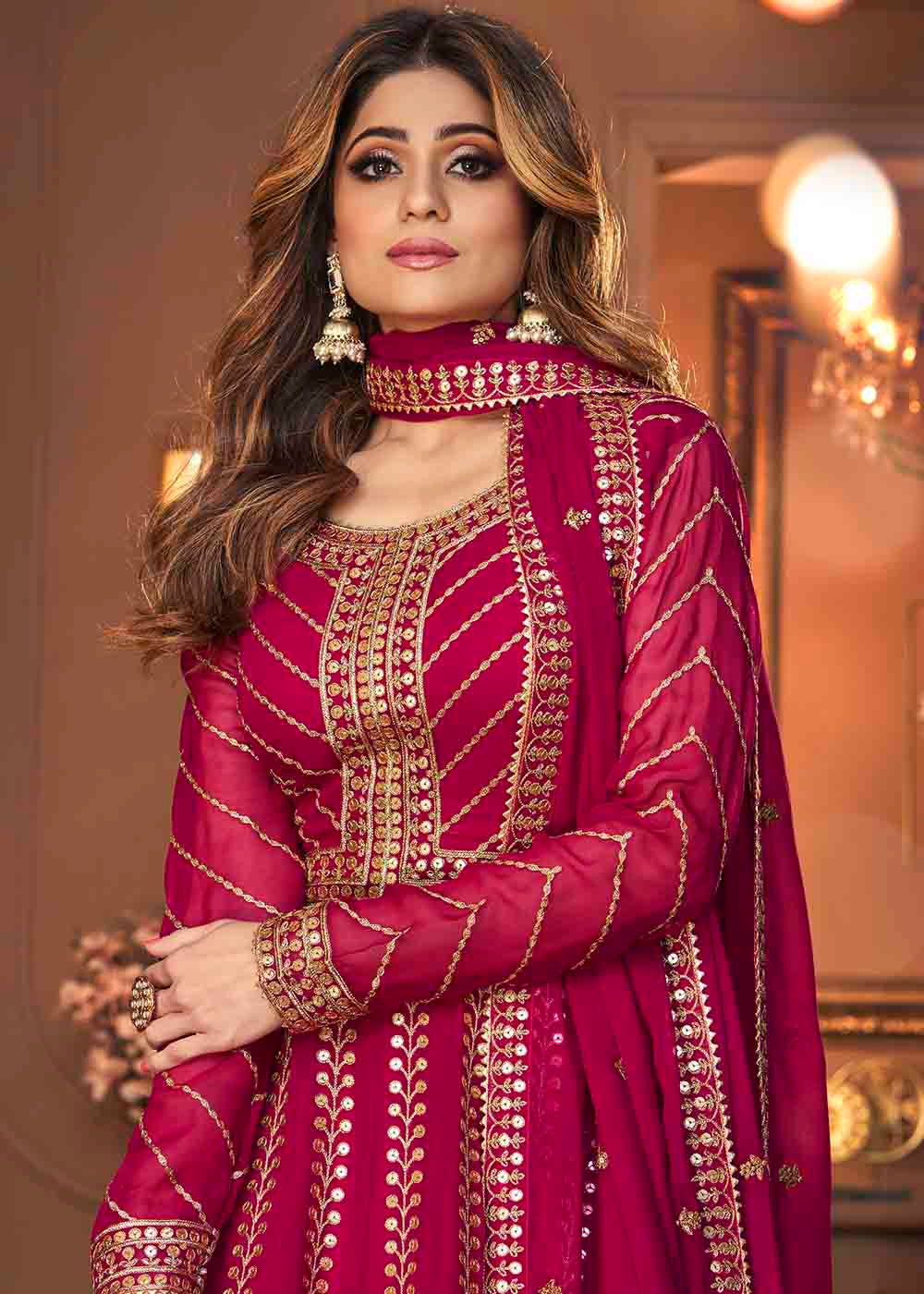 Magenta Pink Georgette Embroidered Lehenga Suit