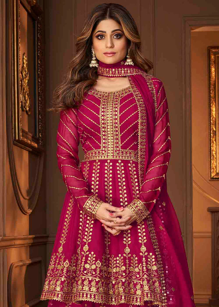 Magenta Pink Georgette Embroidered Lehenga Suit