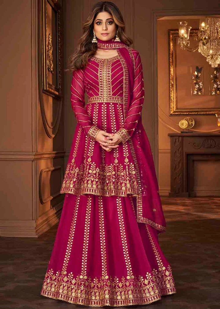 Magenta Pink Georgette Embroidered Lehenga Suit