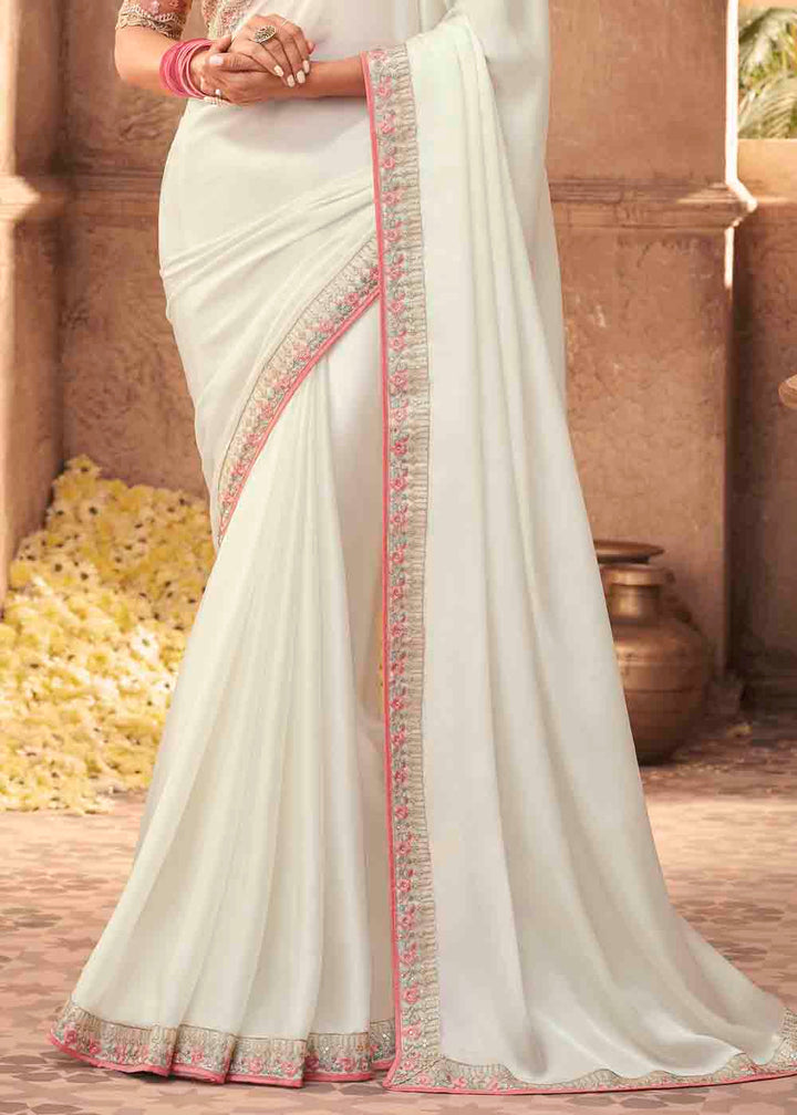 Pearl White Designer Embroidered Satin Silk Saree with Sequence work: Top Pick