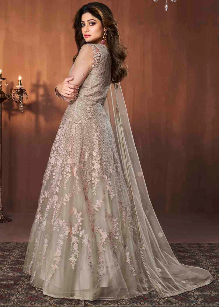 Greenish Grey Soft Net Embroidered Anarkali Suit: Top Pick