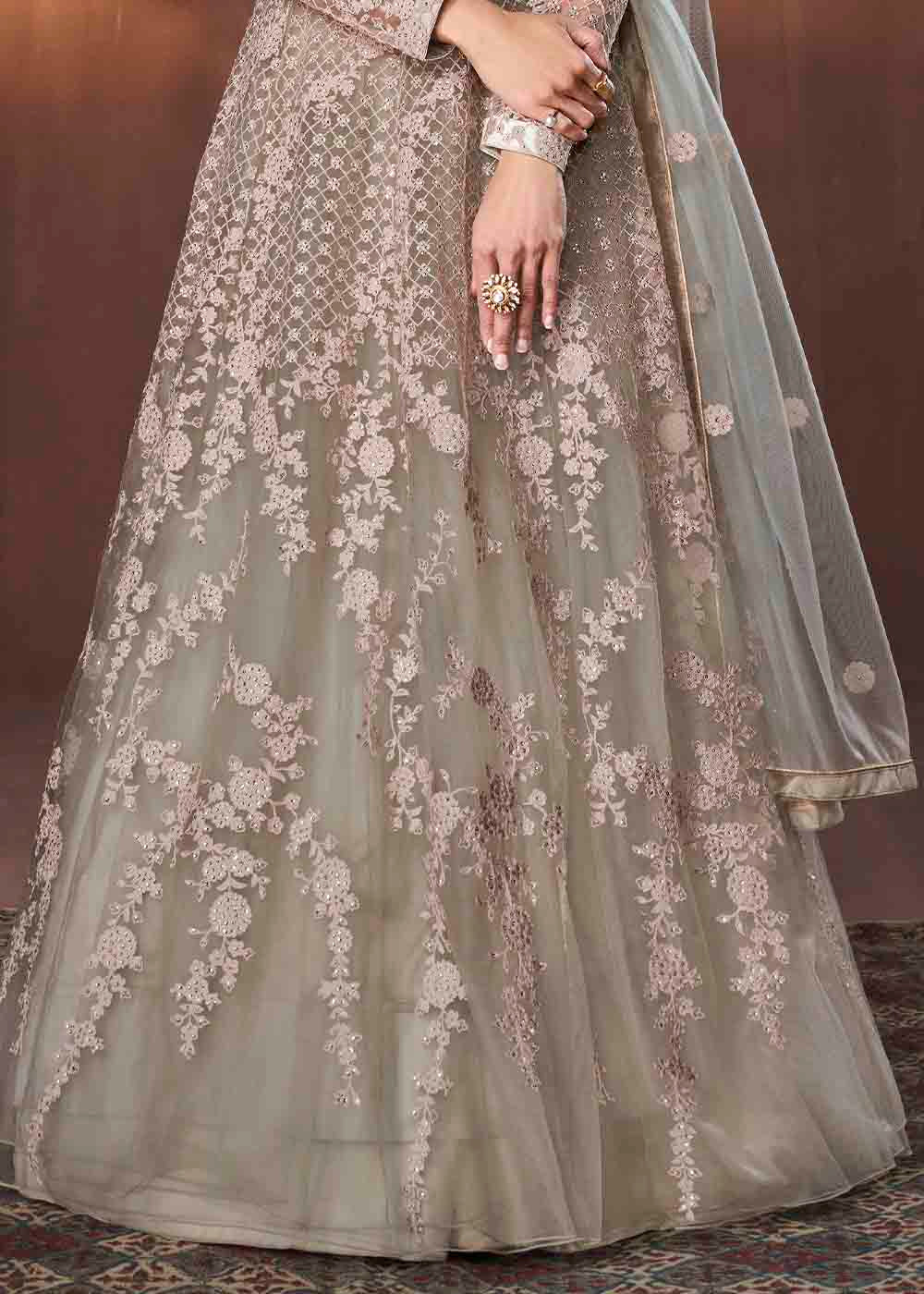 Greenish Grey Soft Net Embroidered Anarkali Suit: Top Pick