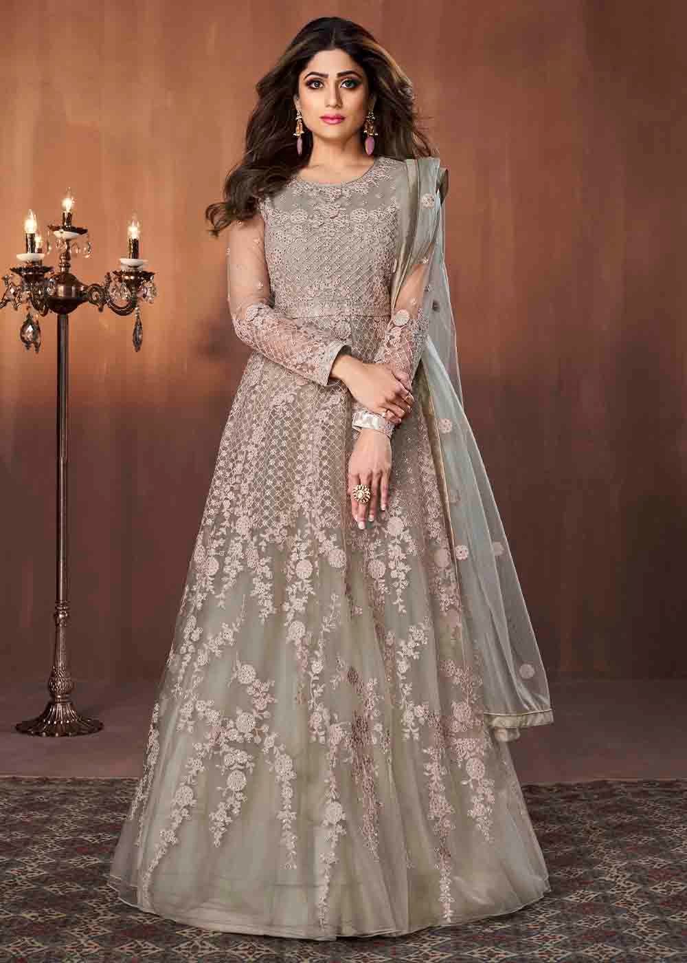 Greenish Grey Soft Net Embroidered Anarkali Suit: Top Pick