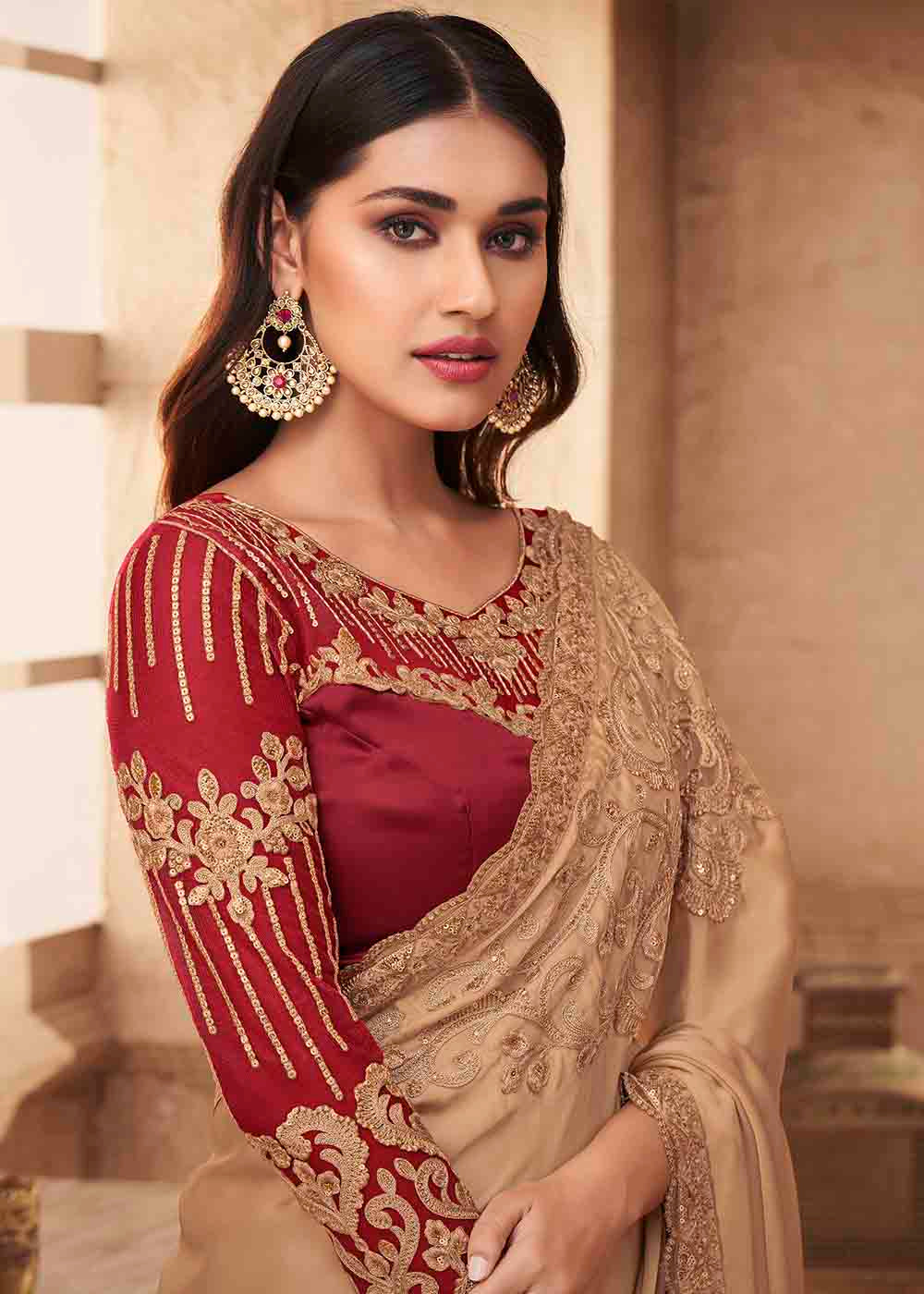 Light Brown Designer Embroidered Satin Silk Saree with Sequence work