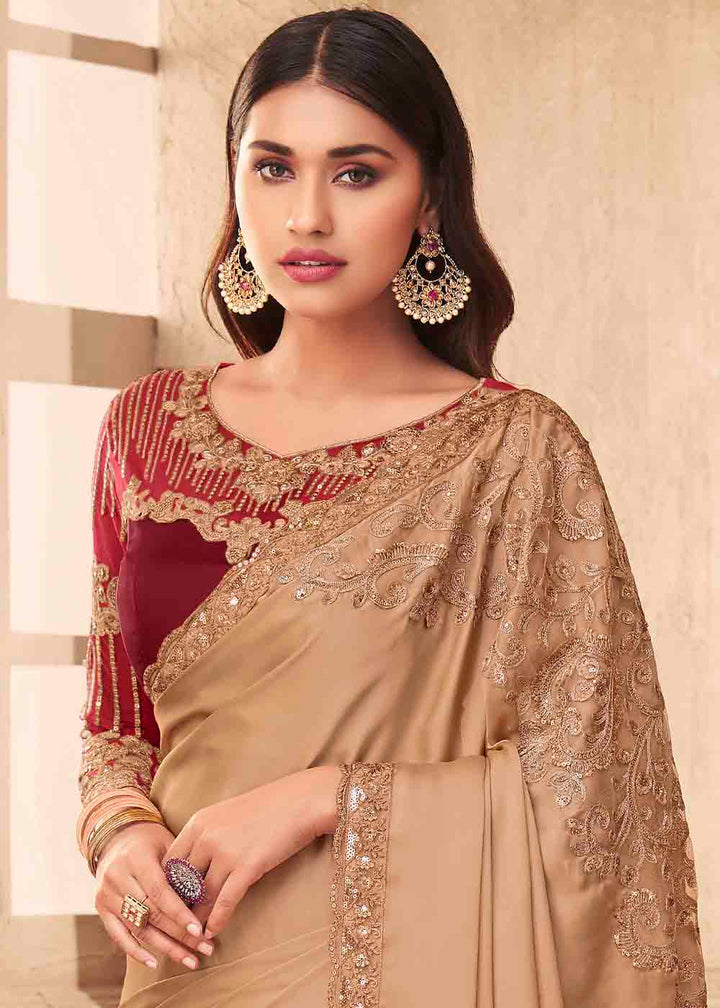 Light Brown Designer Embroidered Satin Silk Saree with Sequence work