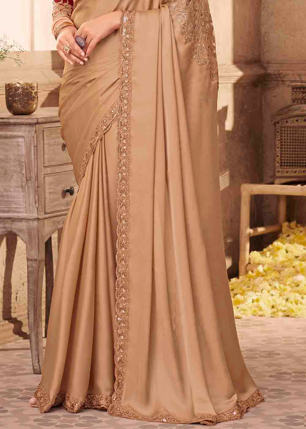 Light Brown Designer Embroidered Satin Silk Saree with Sequence work