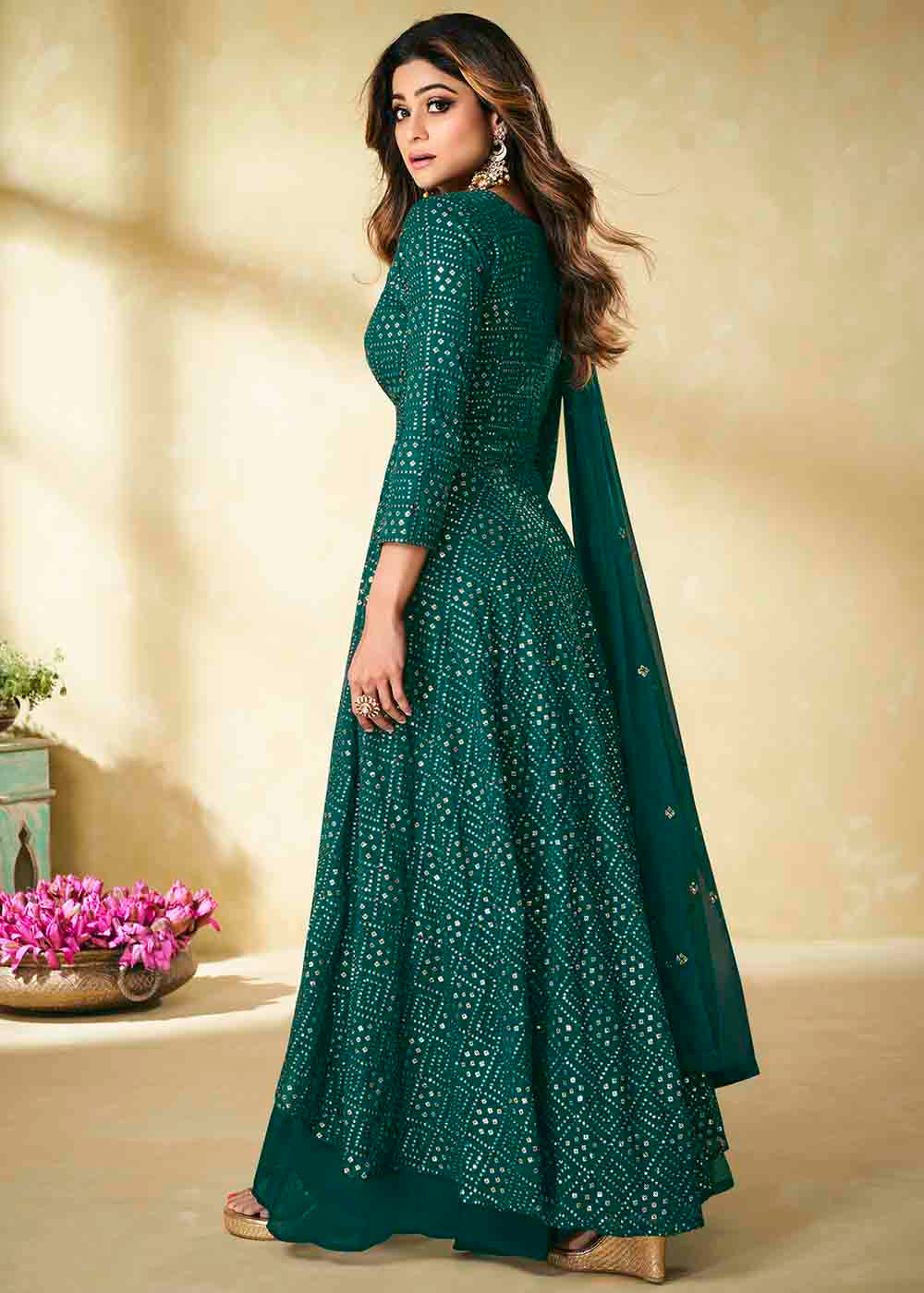 Arabian Green Embroidered Georgette Plazzo Suit