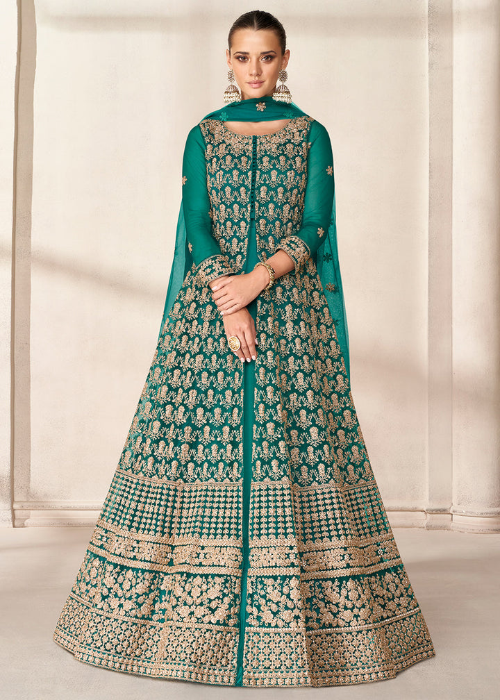 Teal Green Net Anarkali Suit with Heavy Embroidey work