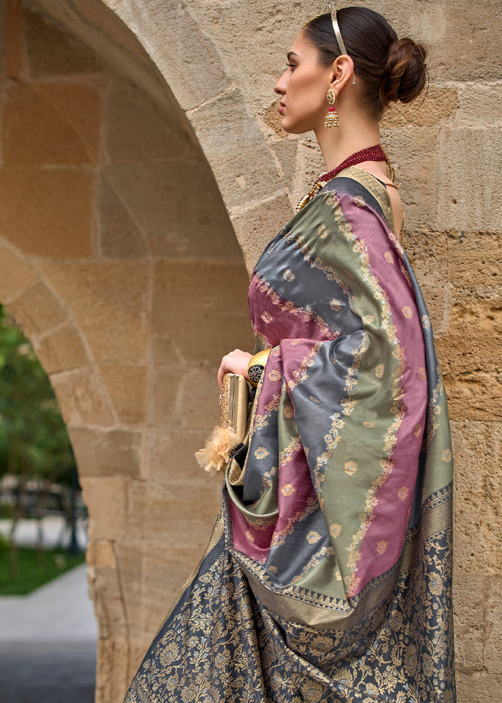 Grey & Pink Viscose Silk Saree with Aqua Finish work