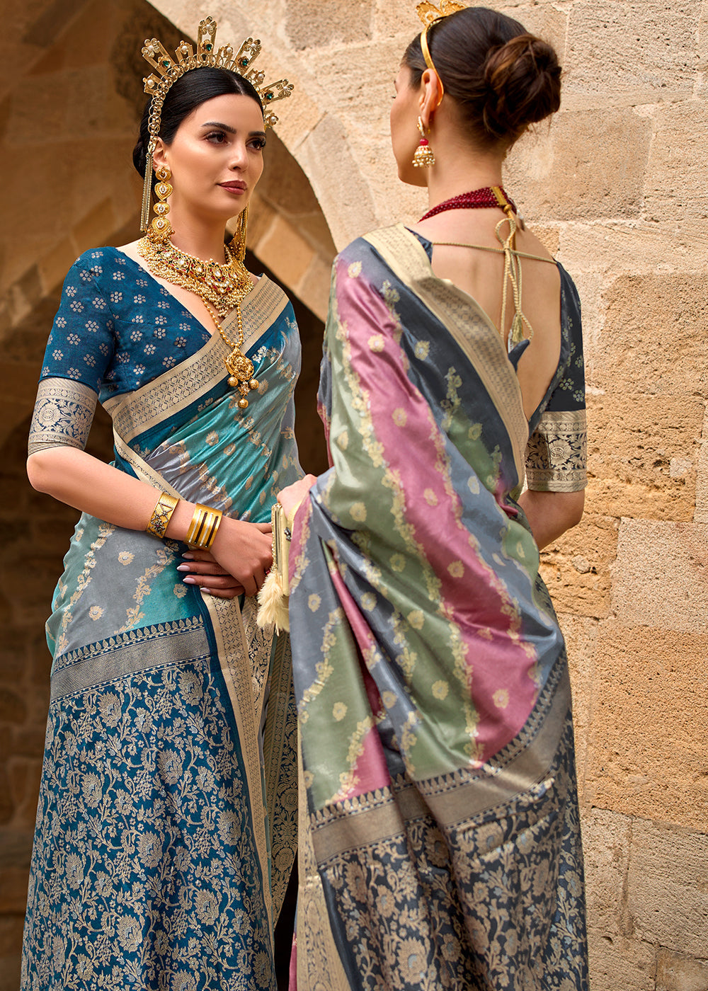 Grey & Pink Viscose Silk Saree with Aqua Finish work