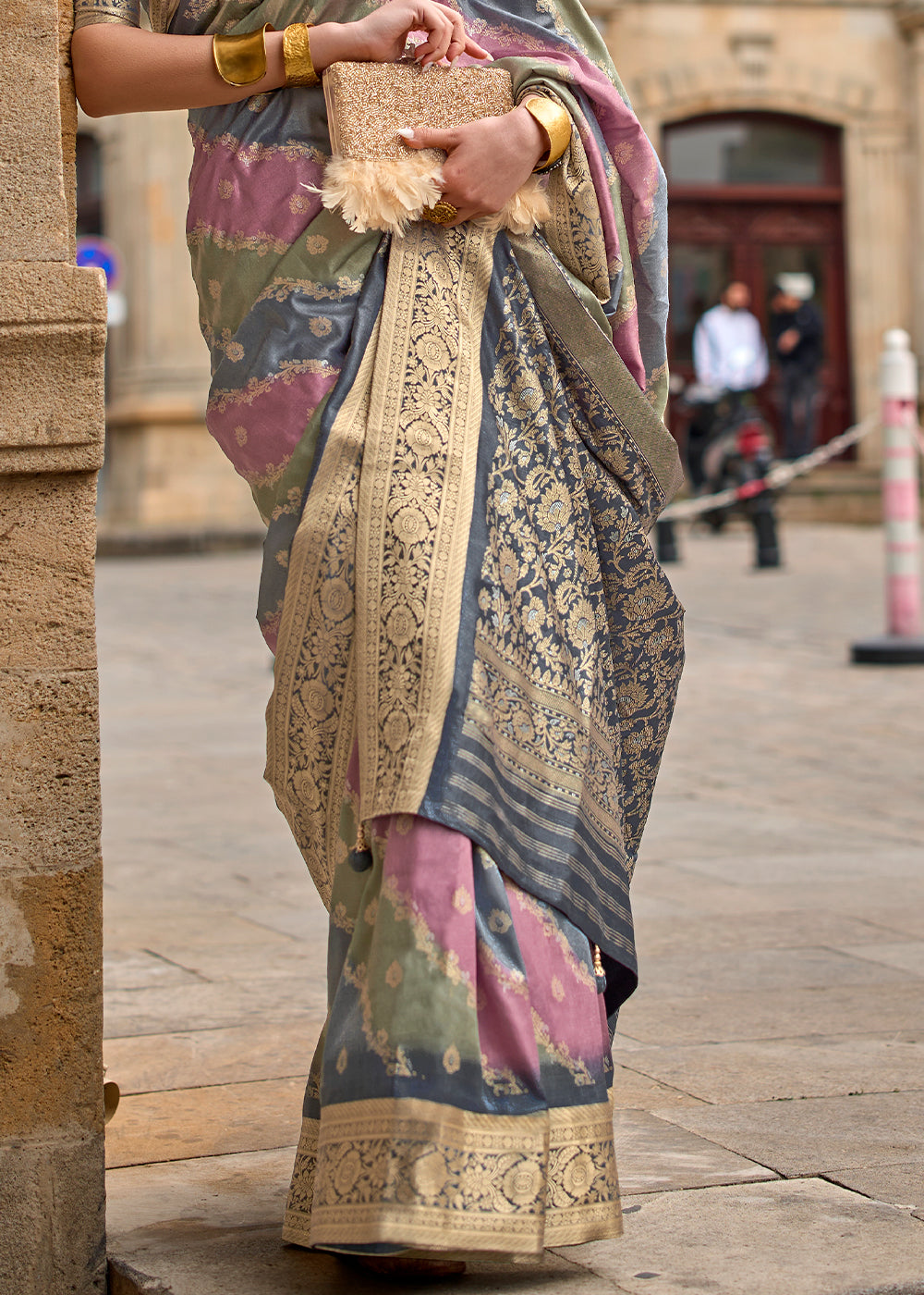 Grey & Pink Viscose Silk Saree with Aqua Finish work