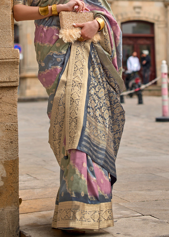 Grey & Pink Viscose Silk Saree with Aqua Finish work