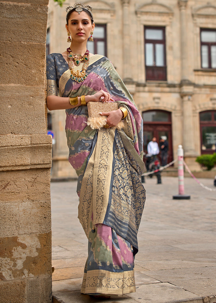 Grey & Pink Viscose Silk Saree with Aqua Finish work