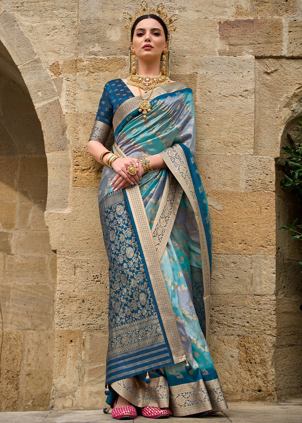 Shades Of Blue Viscose Silk Saree with Aqua Finish work