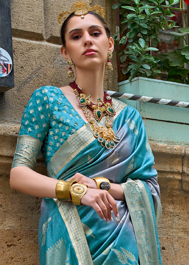 Cerulean Blue Viscose Silk Saree with Aqua Finish work