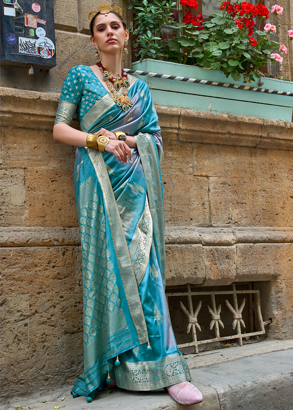 Cerulean Blue Viscose Silk Saree with Aqua Finish work