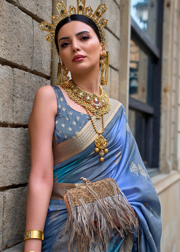 Blue & Grey Viscose Silk Saree with Aqua Finish work