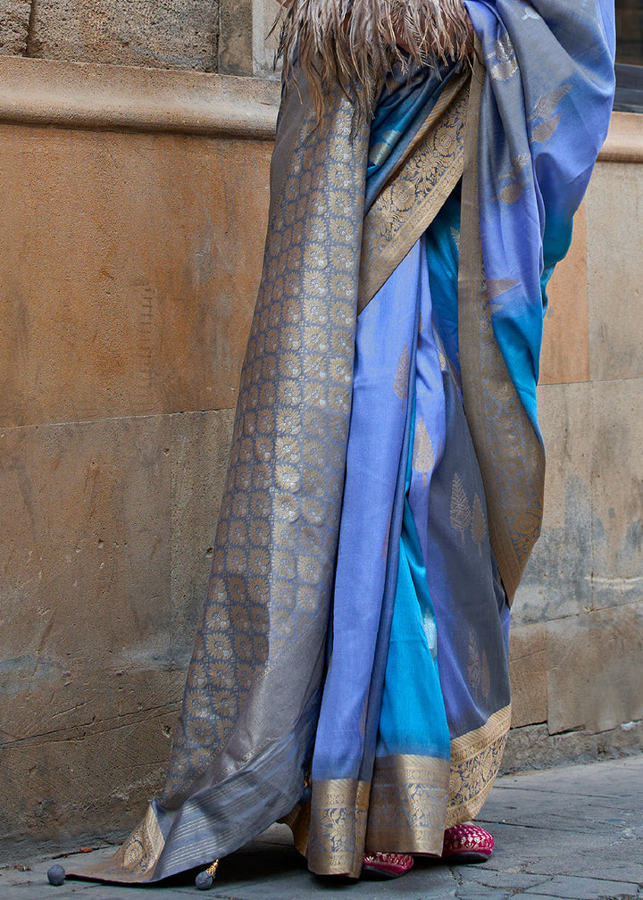 Blue & Grey Viscose Silk Saree with Aqua Finish work