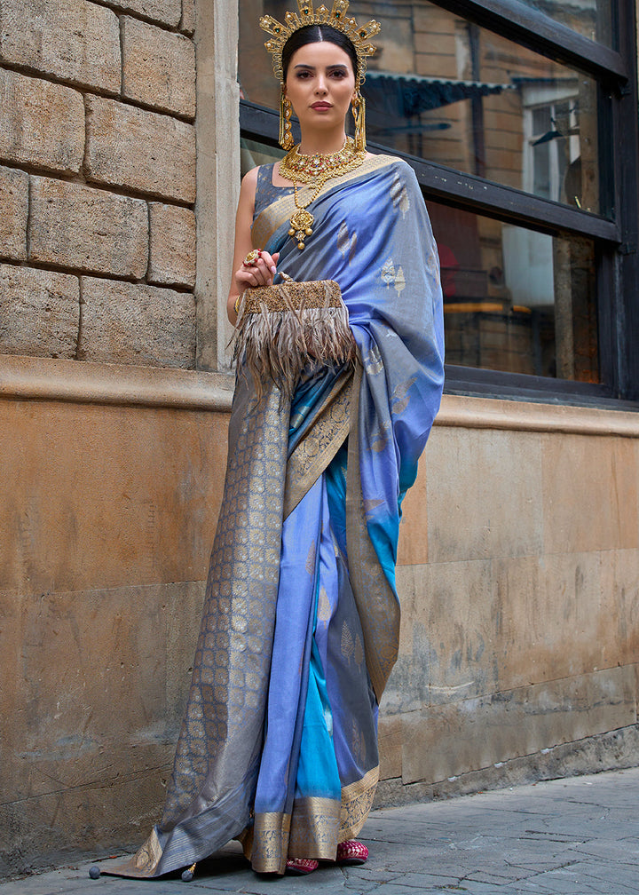 Blue & Grey Viscose Silk Saree with Aqua Finish work