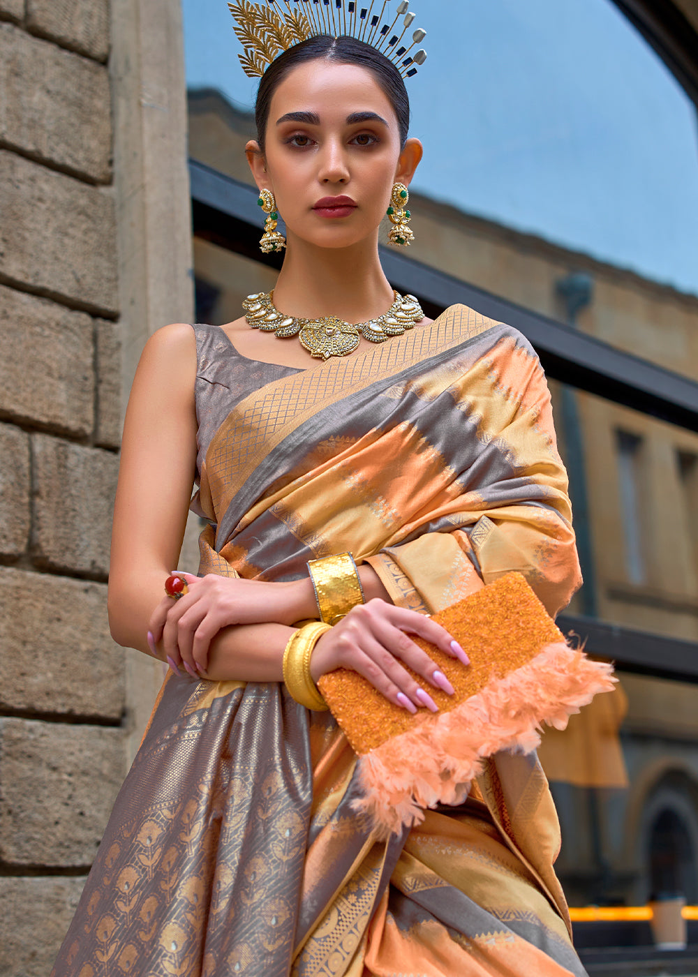 Orange & Grey Viscose Silk Saree with Aqua Finish work: Top Pick