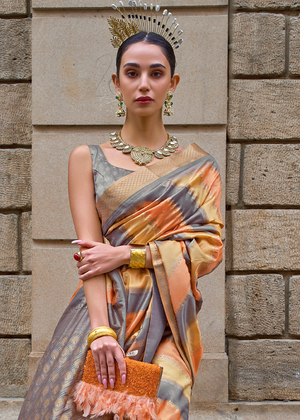 Orange & Grey Viscose Silk Saree with Aqua Finish work: Top Pick