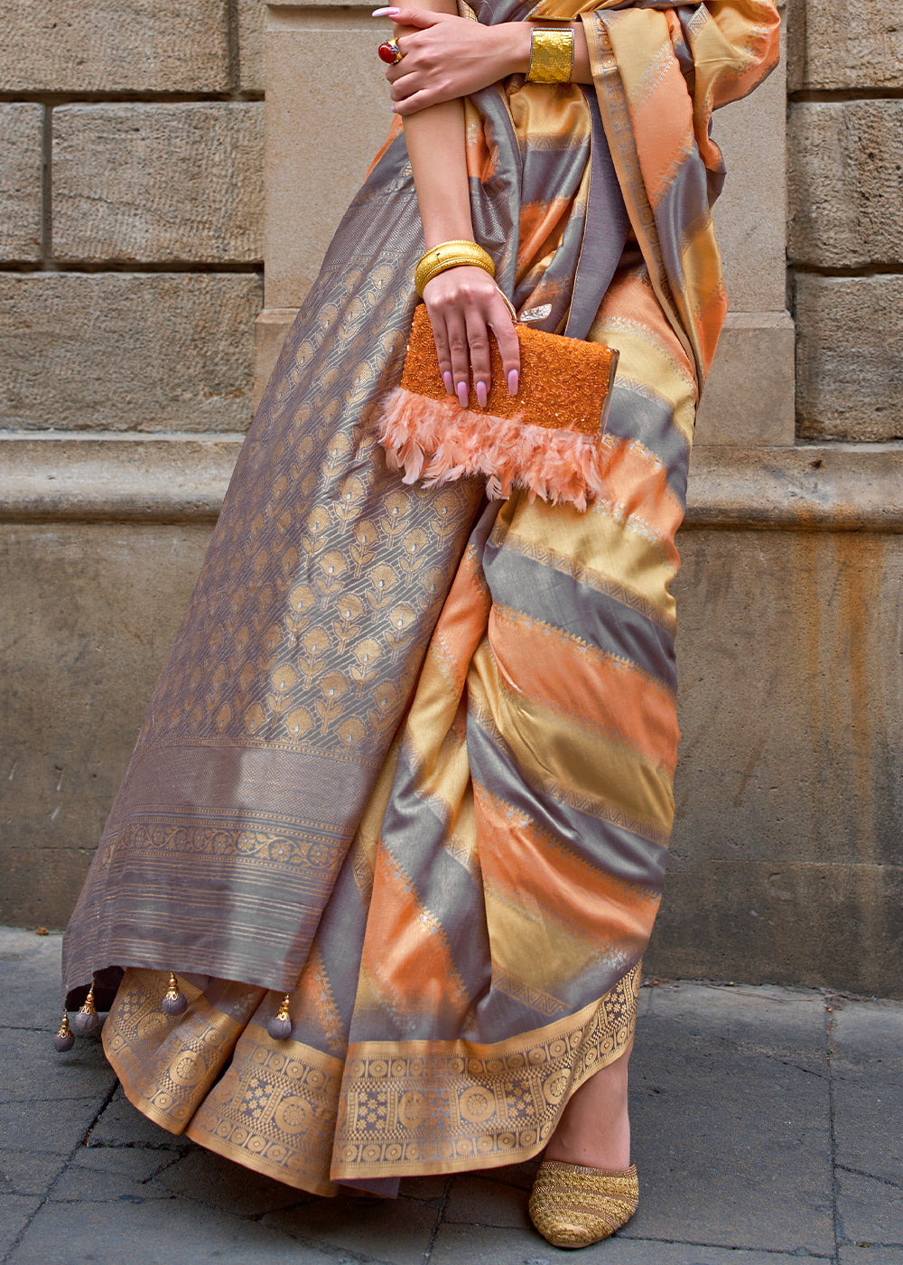 Orange & Grey Viscose Silk Saree with Aqua Finish work: Top Pick