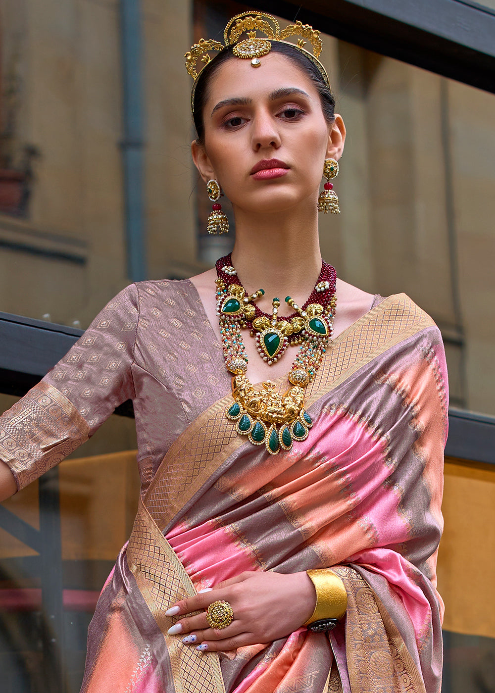 Purple & Pink Viscose Silk Saree with Aqua Finish work