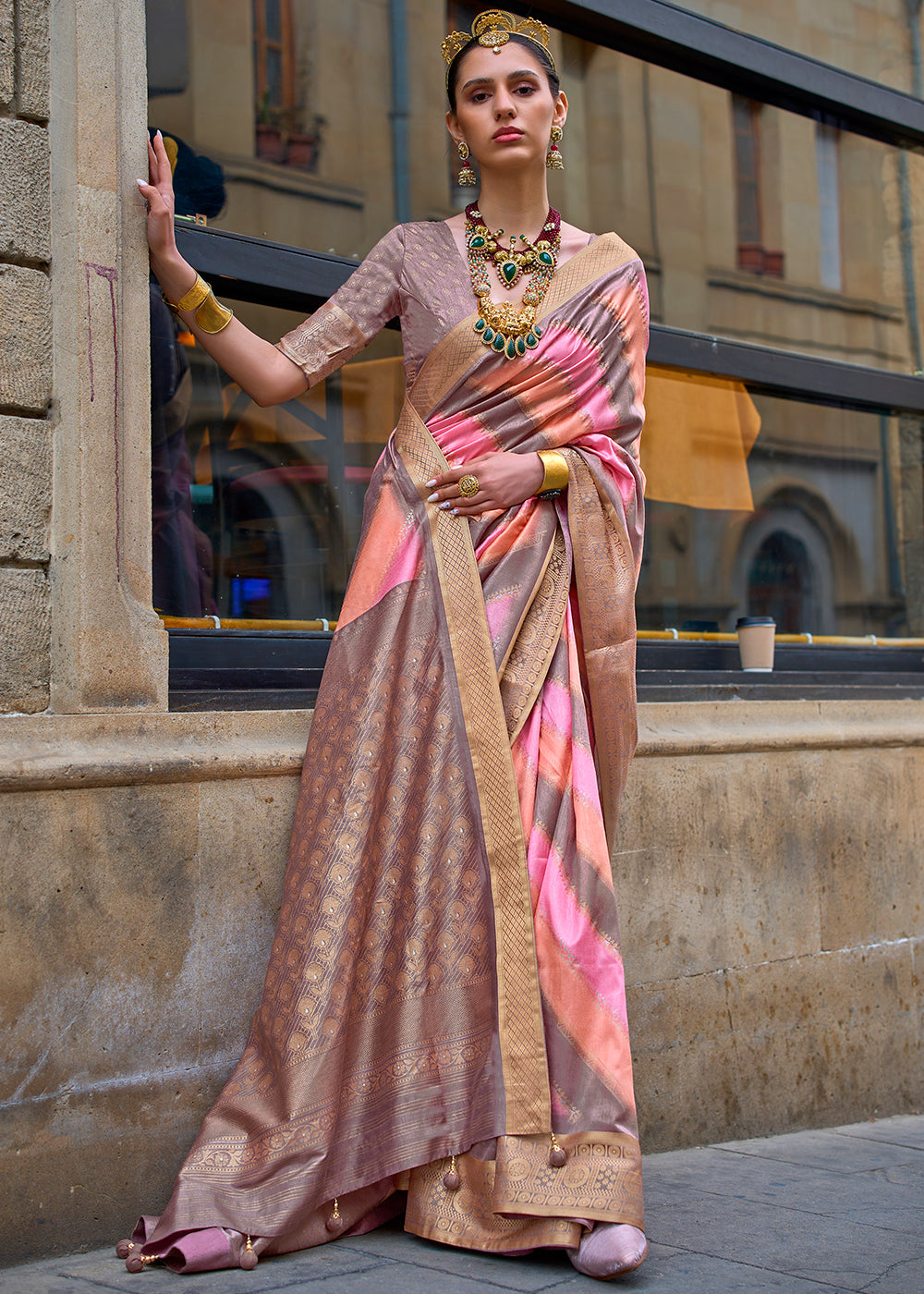 Purple & Pink Viscose Silk Saree with Aqua Finish work