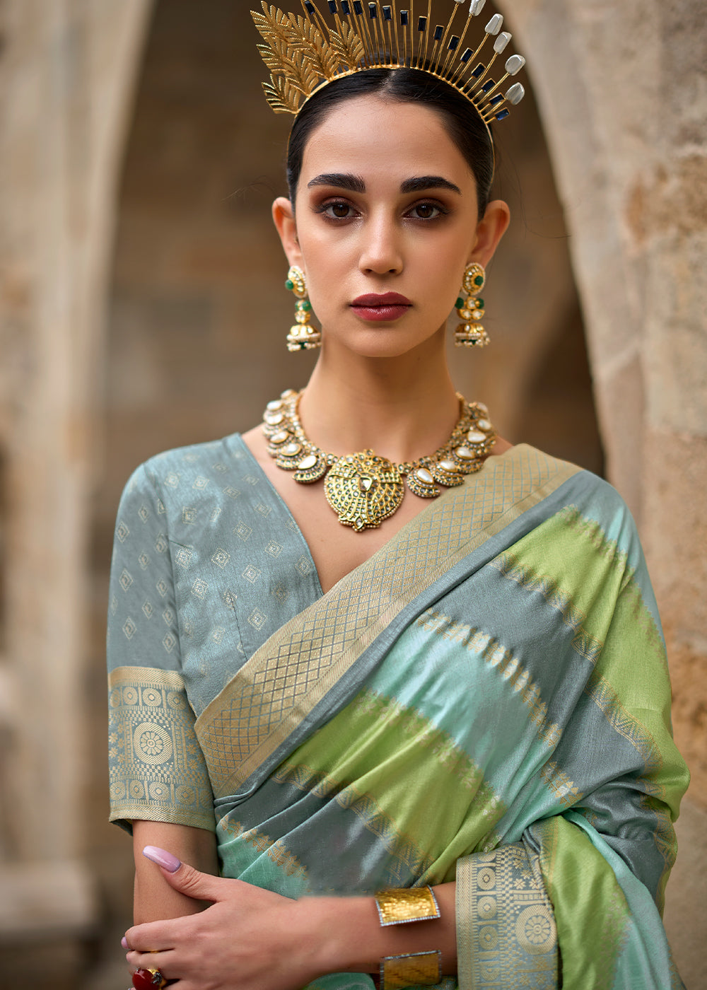 Green & Blue Viscose Silk Saree with Aqua Finish work