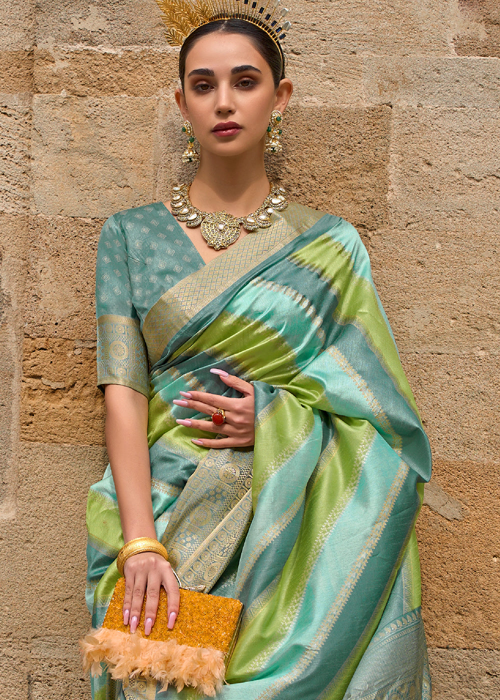 Green & Blue Viscose Silk Saree with Aqua Finish work