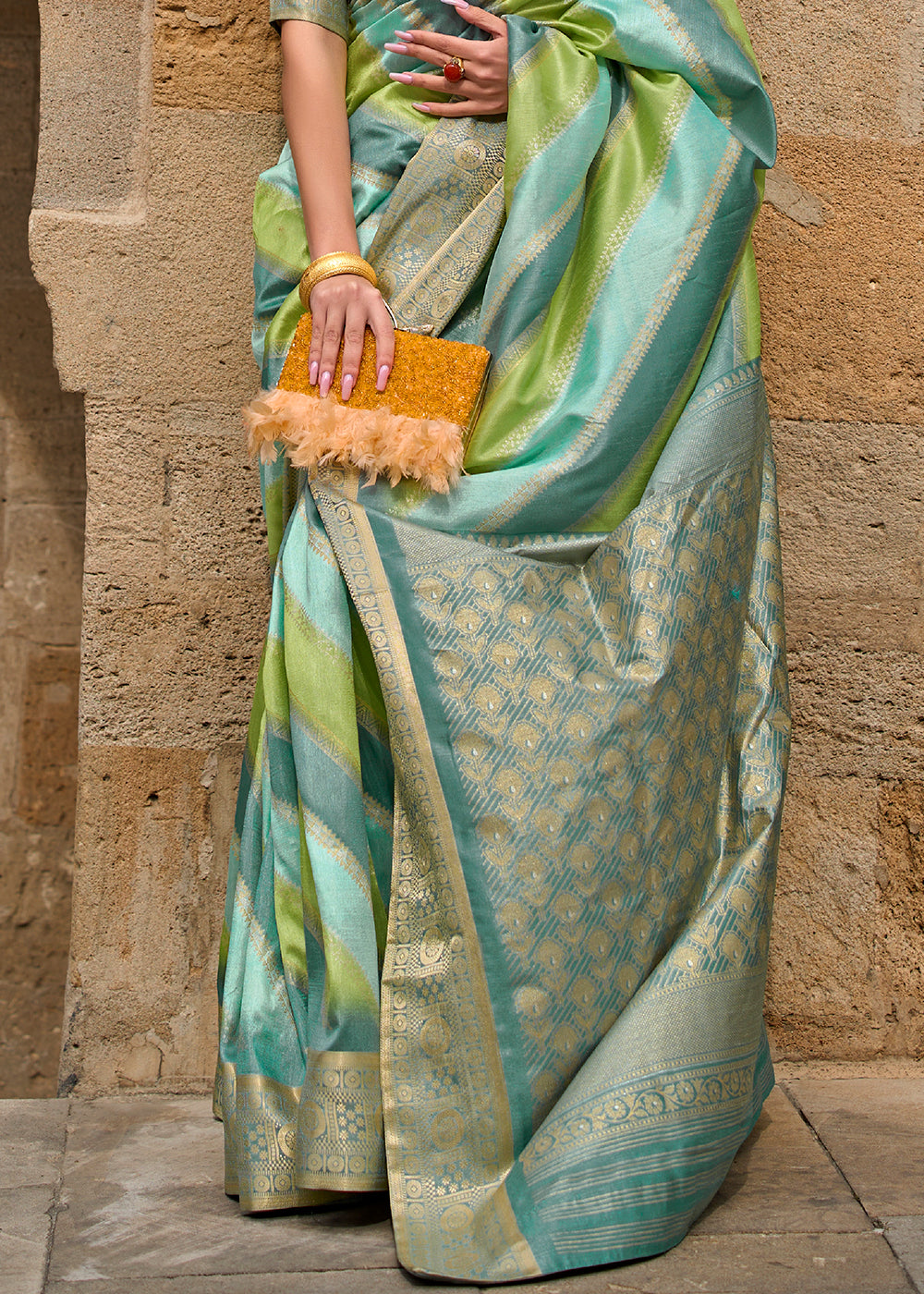 Green & Blue Viscose Silk Saree with Aqua Finish work