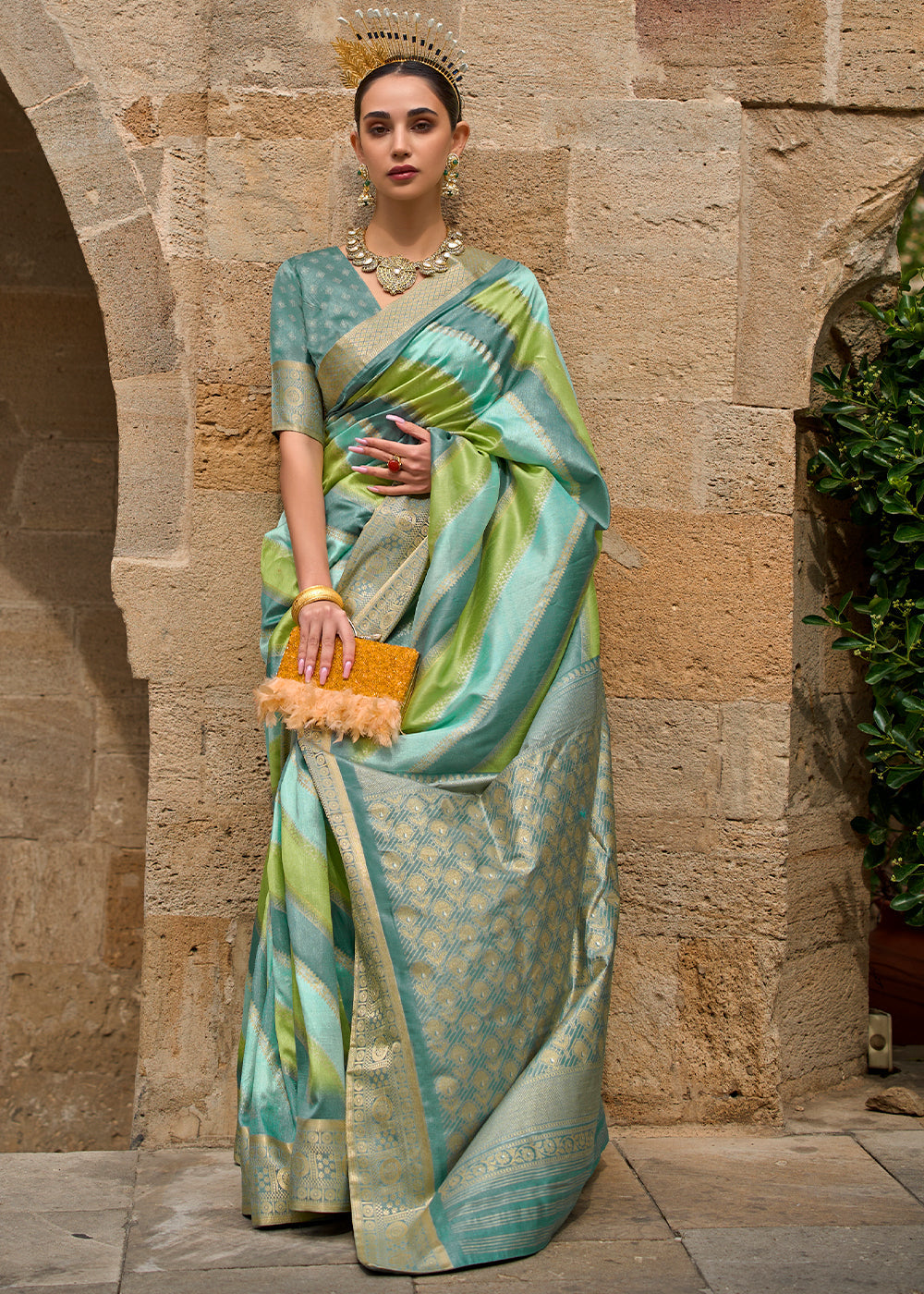 Green & Blue Viscose Silk Saree with Aqua Finish work