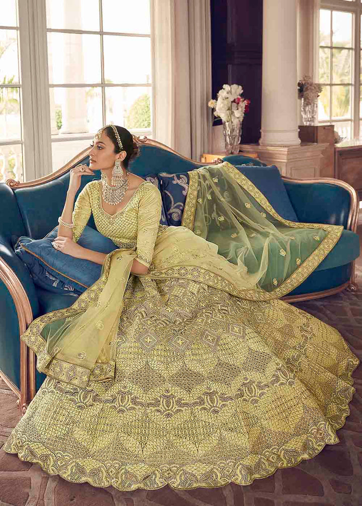 Pastel Yellow Crepe Lehenga Choli with Zarkan,Thread & Zari  work