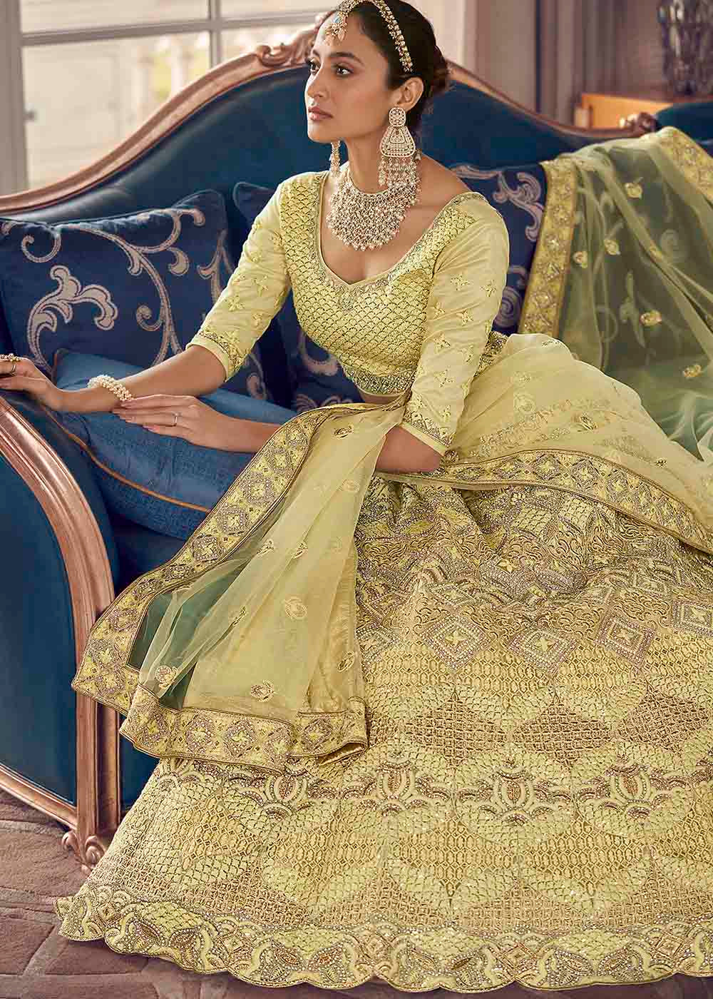 Pastel Yellow Crepe Lehenga Choli with Zarkan,Thread & Zari  work